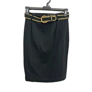 Leslie Fay Skirt Black Pencil Gold Chain Belt Size 12P USA Made Old Money Glam